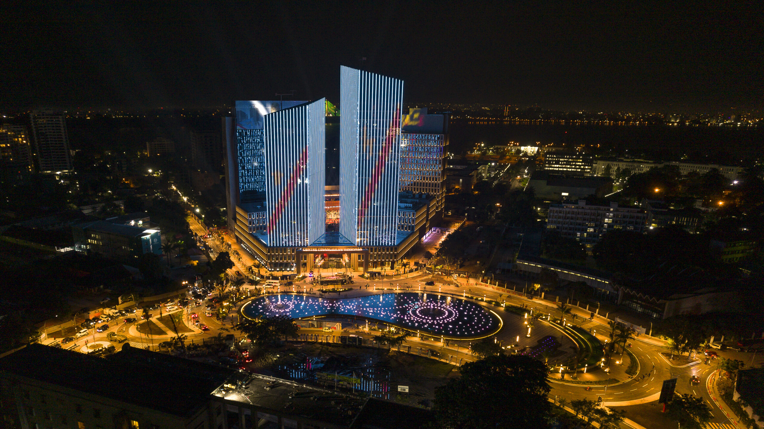 Arial view of Kinshasa at night. 2023.